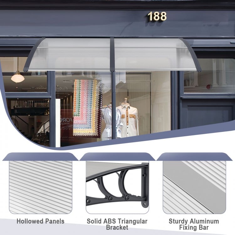 Gray outdoor front door awning featuring a solid ABS triangular bracket for enhanced stability and weather resistance.